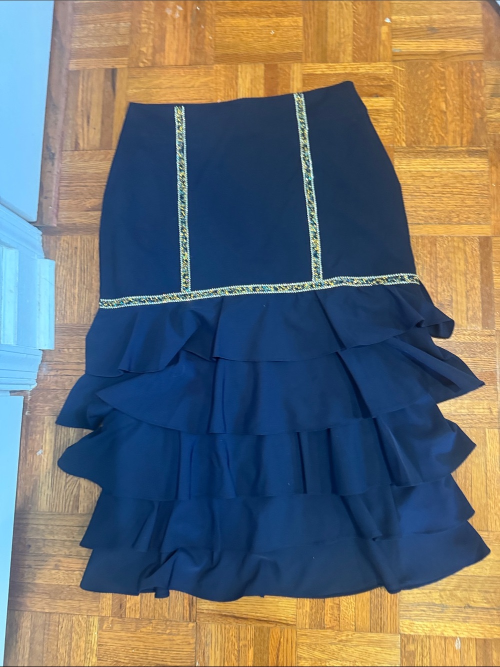 Gracia navy Tiered Ruffle Midi Skirt with Gold Trim